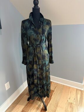 Boden Black Maxi Shirt Dress with Green Palm Print
